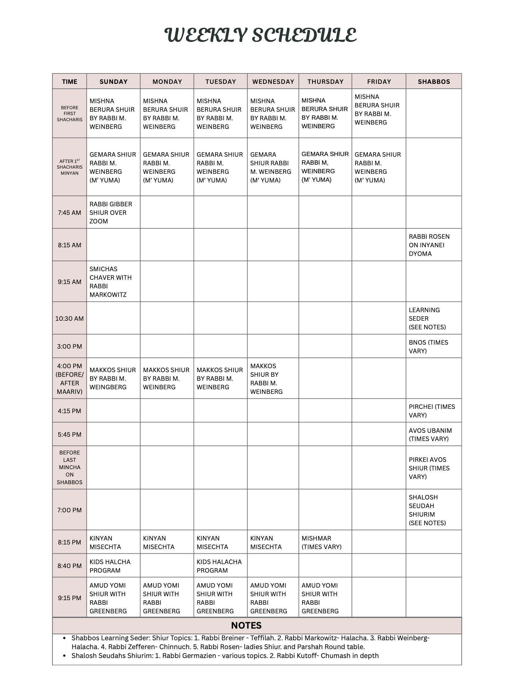 Weekly Class Schedule